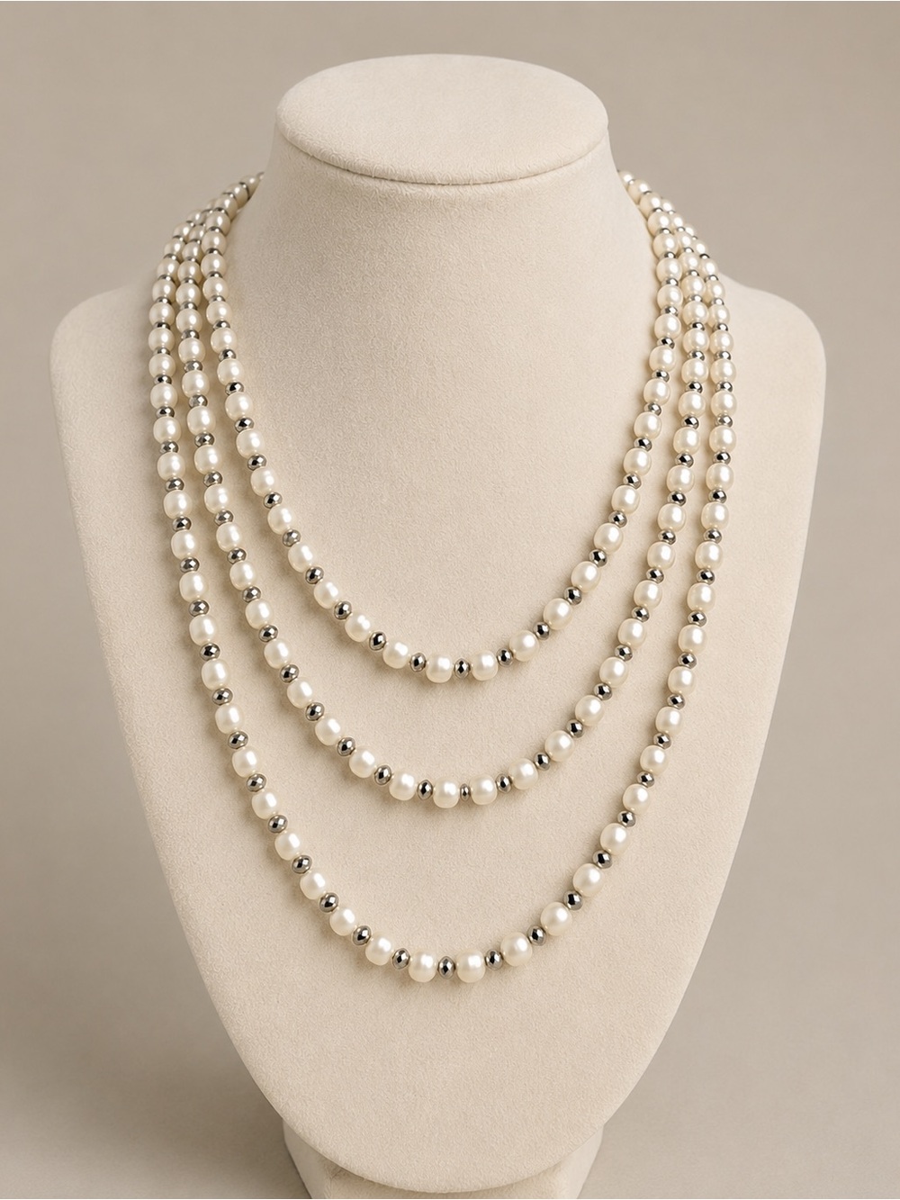 Ann Taylor Factory Extra Long Faux Pearl Beaded Necklace 54” Silver Tone